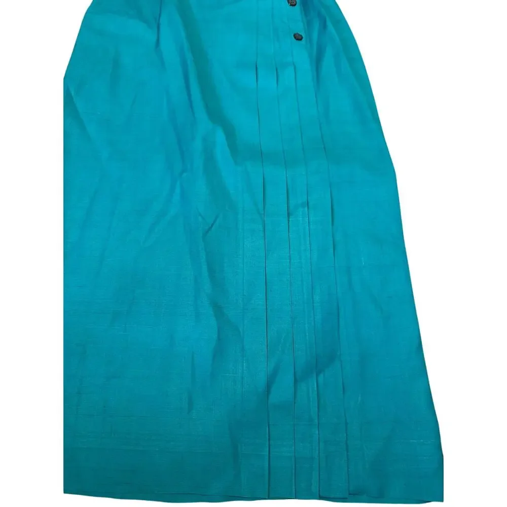 Vintage John Brooks 100% Silk Teal Two Piece Jacket Pleated Midi Skirt Set Sz10